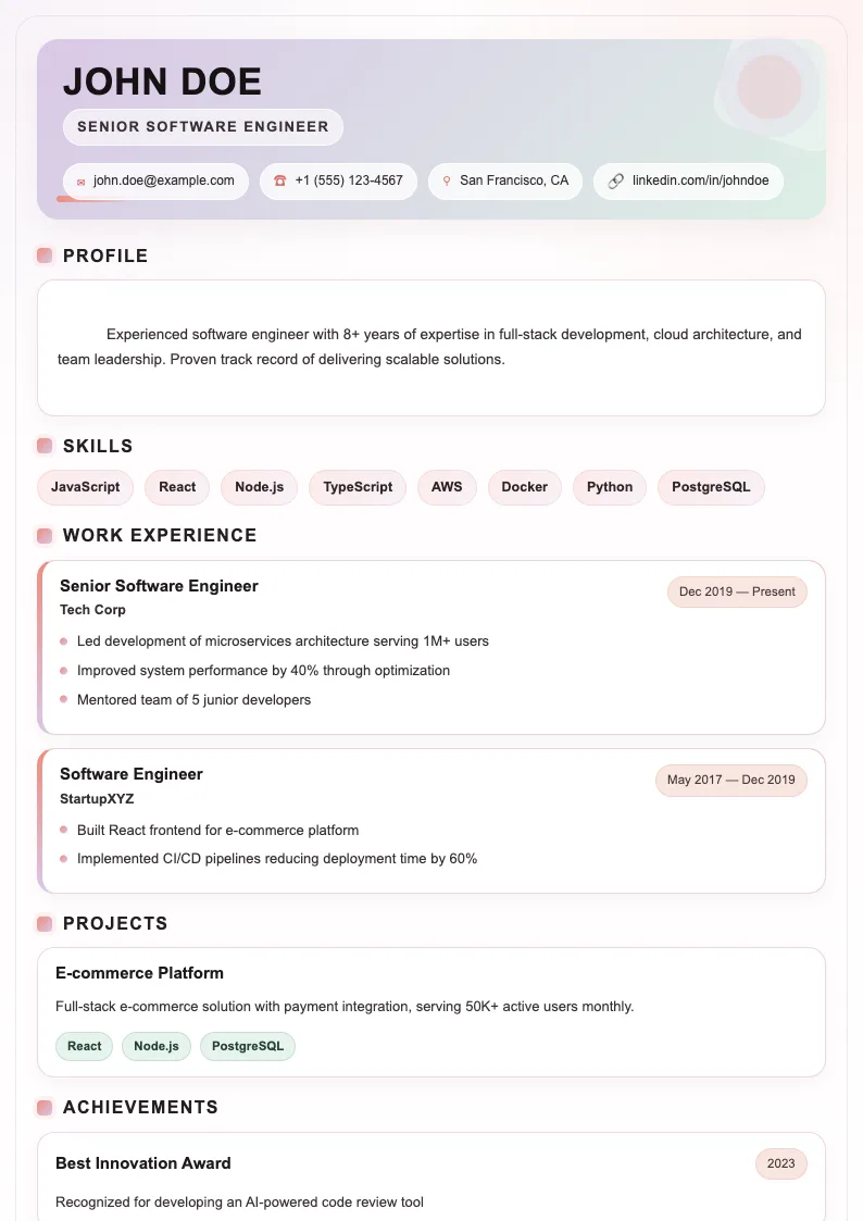 Coral V2 resume template